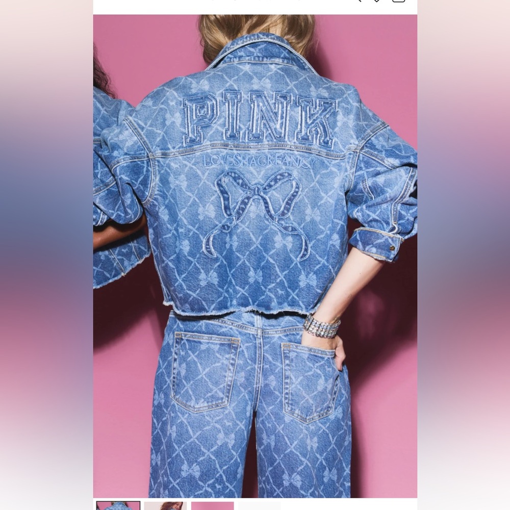PINK X LoveShackFancy Cropped Denim Jacket Medium-NWT
